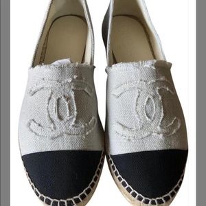 Chanel Beige Black Canvas Linen Espadrille